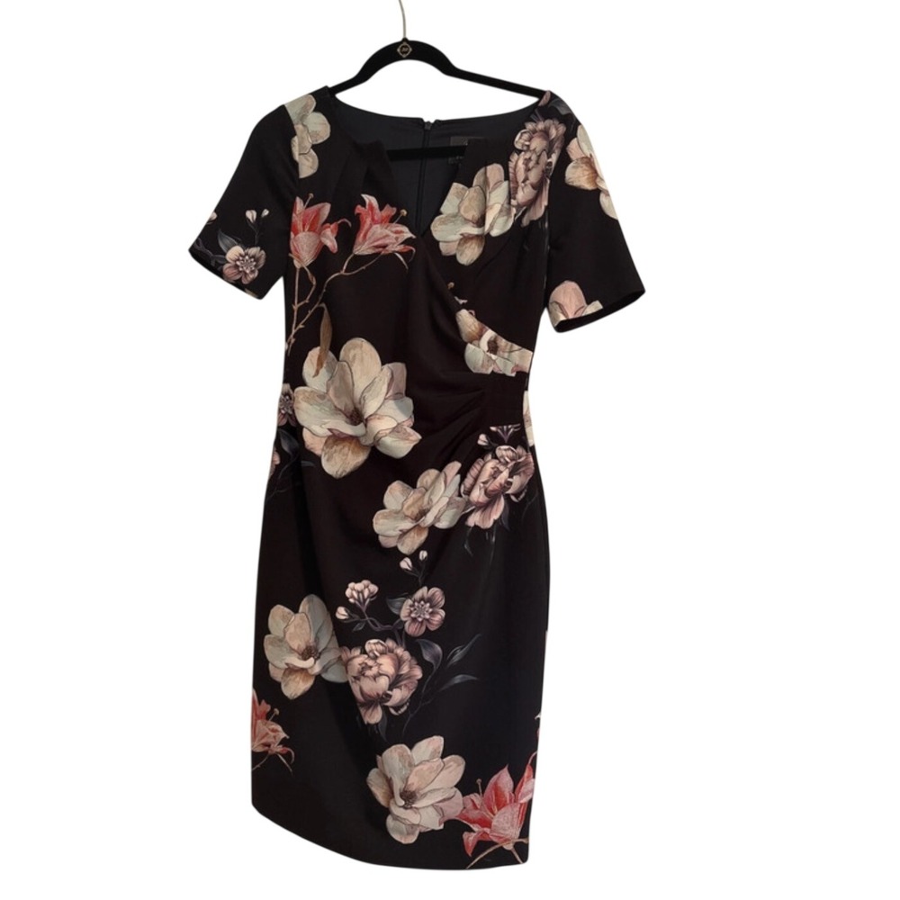 Adrianna Papell Black Floral Faux Wrap Sheath Dress Short Sleeve Size 4